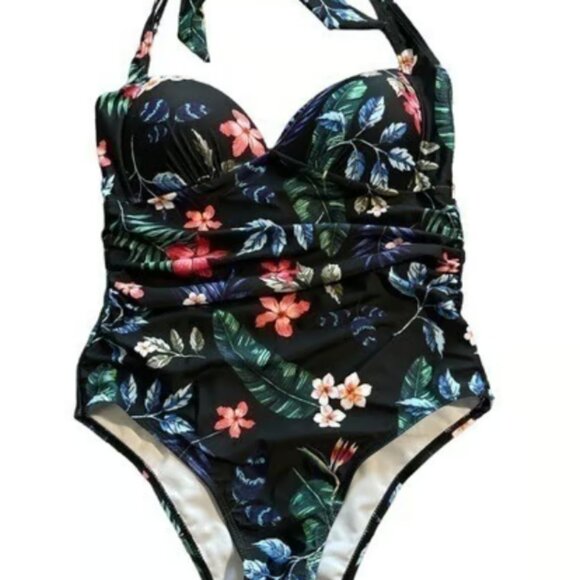 Shein Halter Black Floral Sweetheart Neck Swimsuit Size Small M-304 - Picture 4 of 4